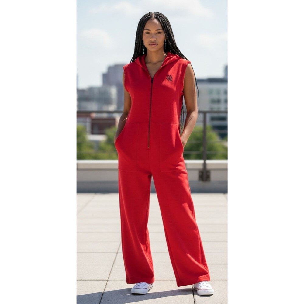 Oyrosy NEW red zipper hooded womens wide leg jumpsuit Small luxury cotton